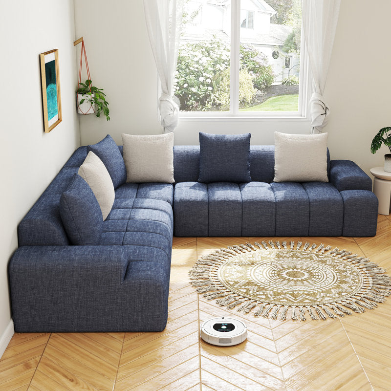 Modern navy blue L shape sectional sofa with teak wood frame