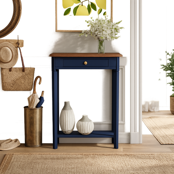 Solid teak wood console table with drawer for entryway