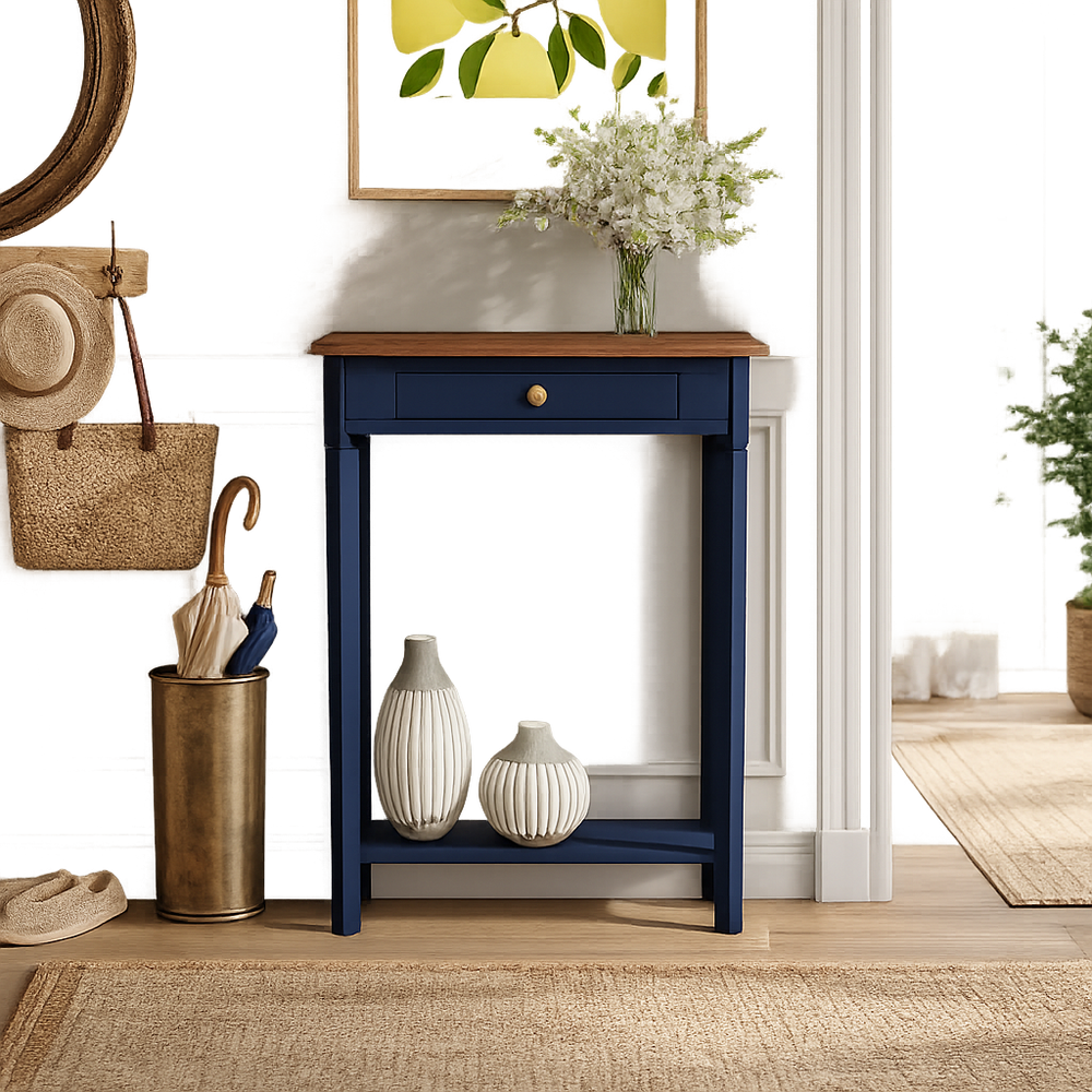 Solid teak wood console table with drawer for entryway