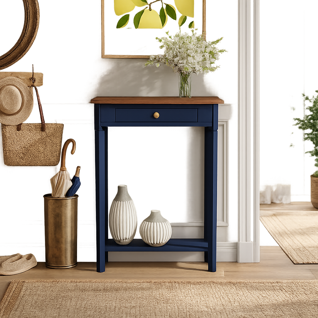 Solid teak wood console table with drawer for entryway
