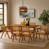Solid teak wood 6-seater dining table set with cane chairs
