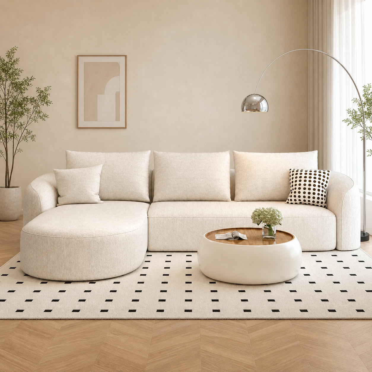 Modern curved teak wood sofa set in ivory fabric for luxury living room