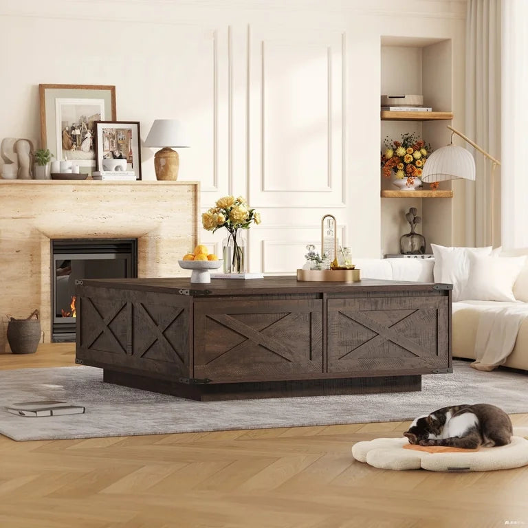 Rustic wood square center table with hidden storage compartments