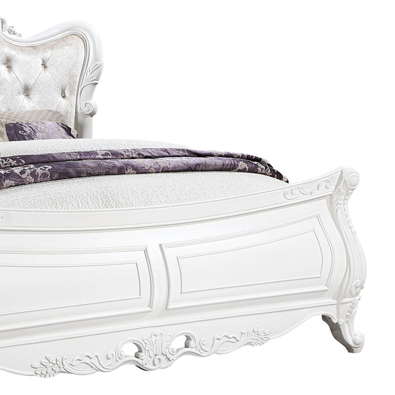 Elegant white teak wood bed with velvet headboard