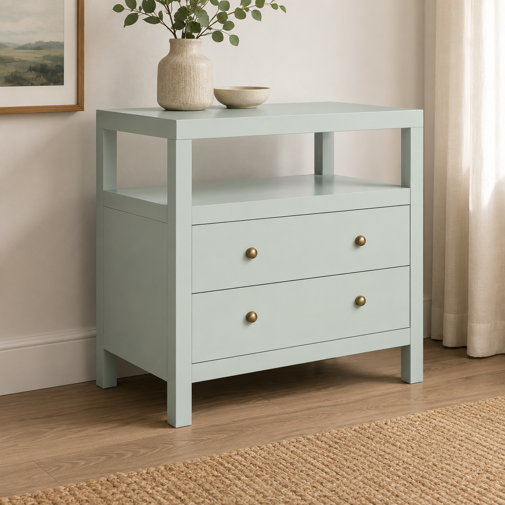 Solid teak wood bedside table with two drawers and open shelf