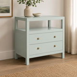 Solid teak wood bedside table with two drawers and open shelf