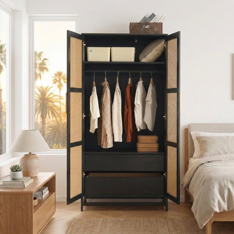 Premium teak wood 2 door wardrobe with cane design