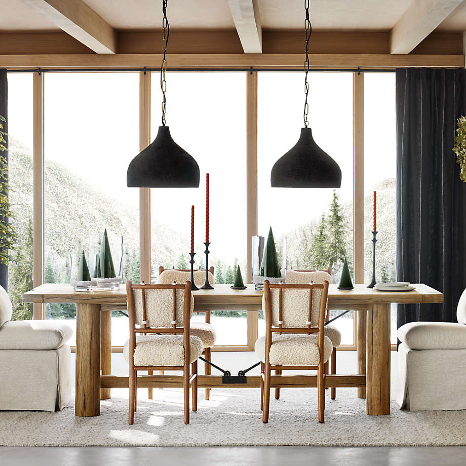 Modern teak wood dining chair with soft bouclé fabric