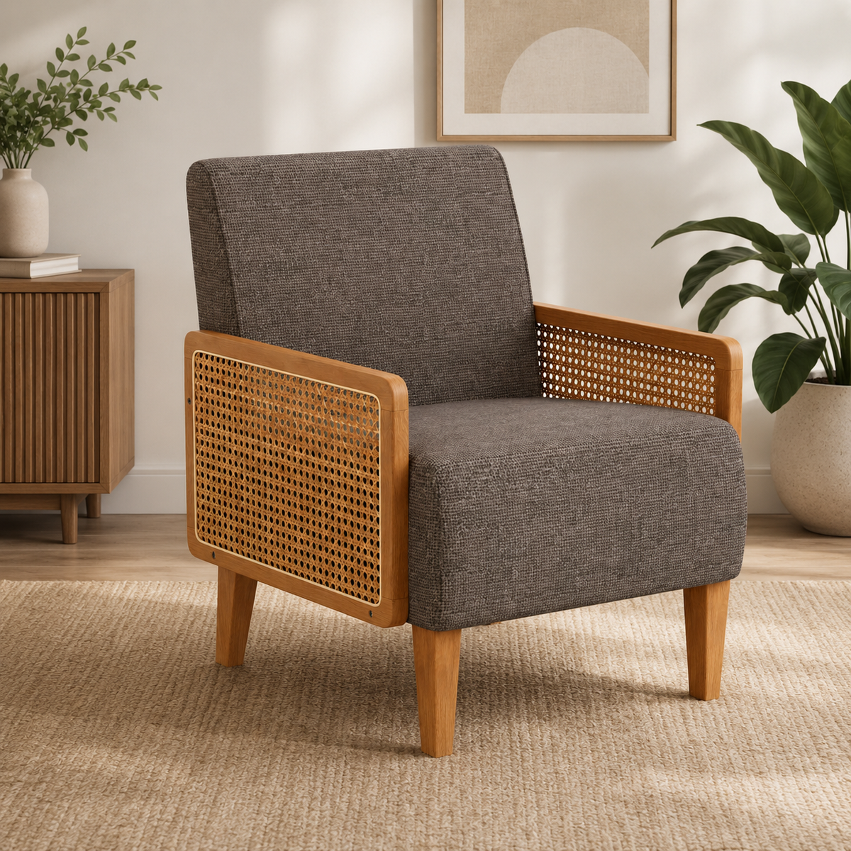 Solid teak wood cane accent chair with grey upholstered seat