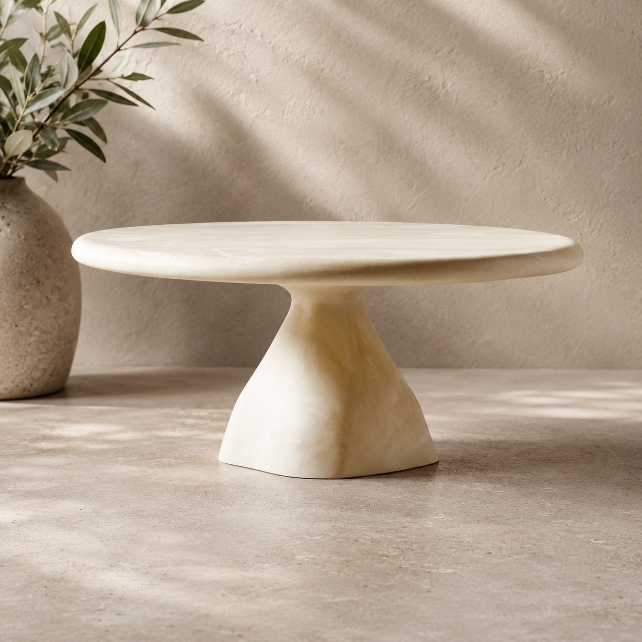 Modern organic teak wood coffee table with sculptural pedestal base