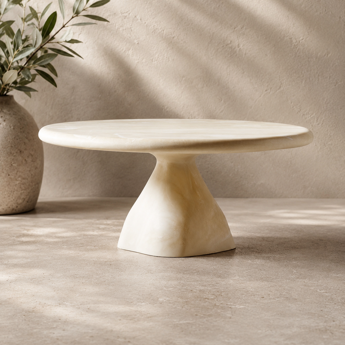 Modern organic teak wood coffee table with sculptural pedestal base