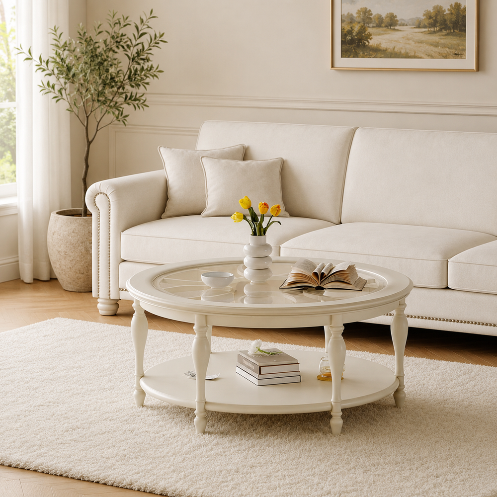Luxury round solid teak wood coffee table with glass top and storage shelf