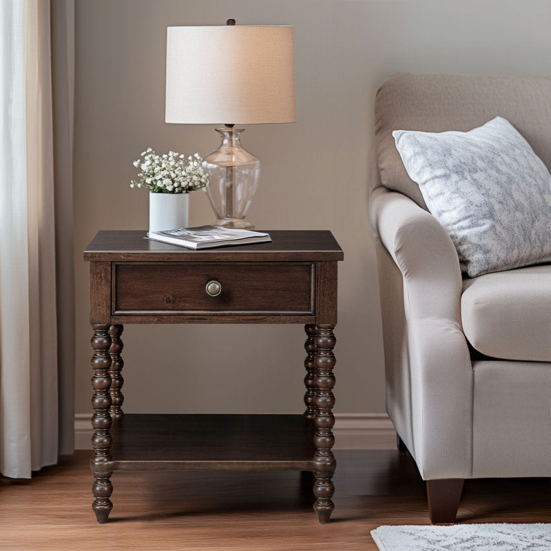 Dark brown teak wood side table for modern bedroom