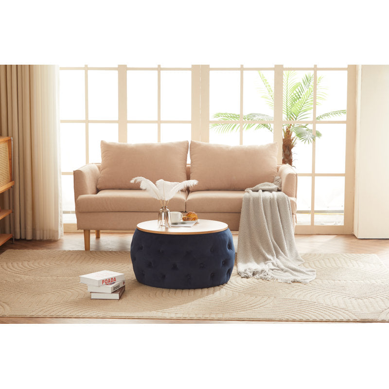 Round upholstered ottoman table with solid teak wood top