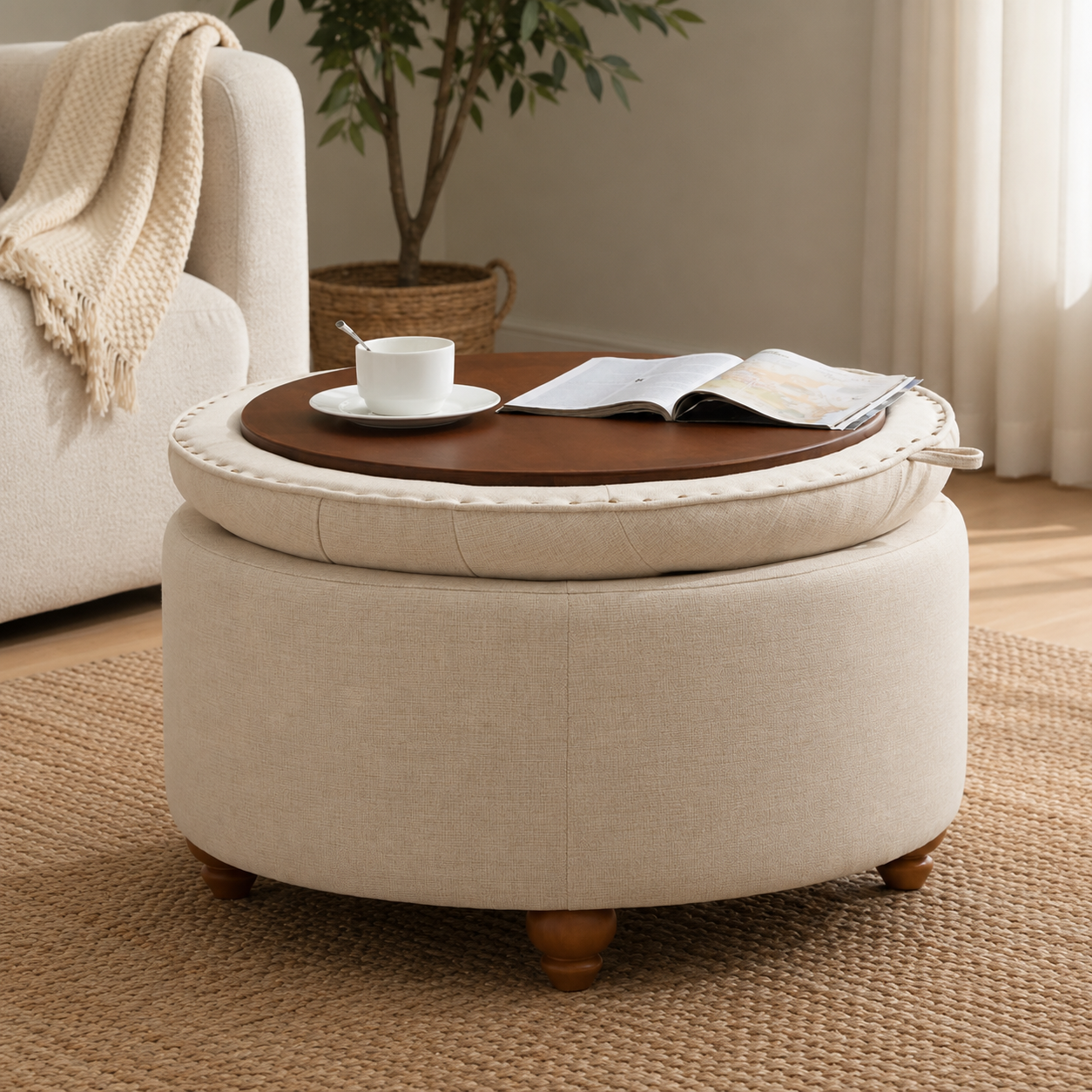 Round storage ottoman coffee table with teak wood tray