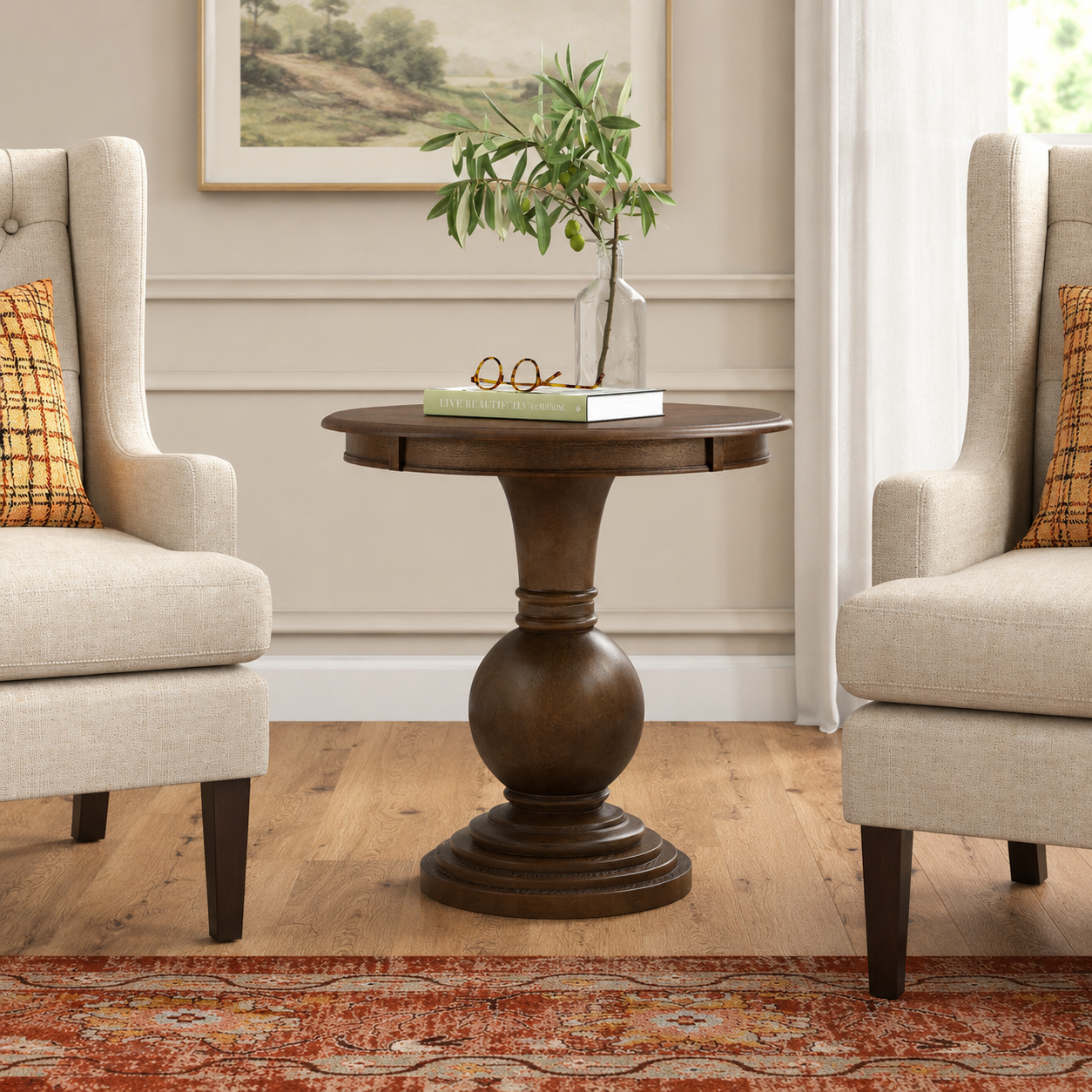 Solid teak wood round pedestal side table in walnut finish