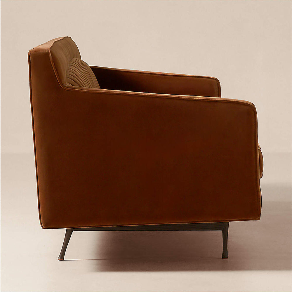 Contemporary brown velvet sofa made from solid teak wood