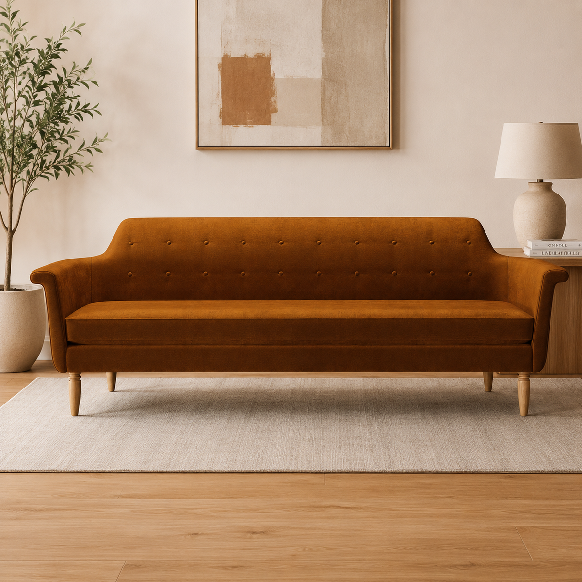 Premium teak wood 3 seater sofa with button tufted backrest