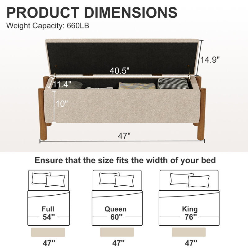 Upholstered teak wood bench with hidden storage compartment