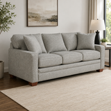 Modern light grey 3-seater fabric sofa with solid teak wood frame and cushioned seating by Sky Rise Decor