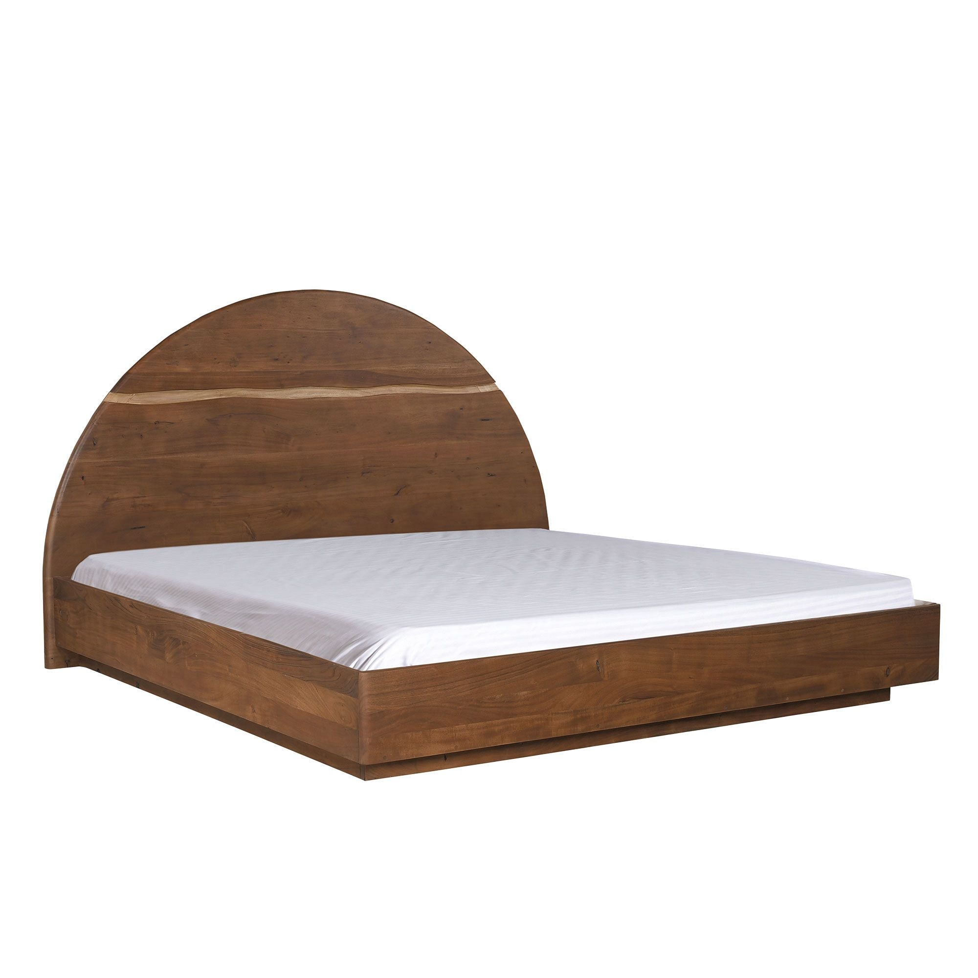 Minimalist teak wood bed with natural wood grain finish