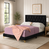 Luxury teak wood platform bed with diamond tufted headboard