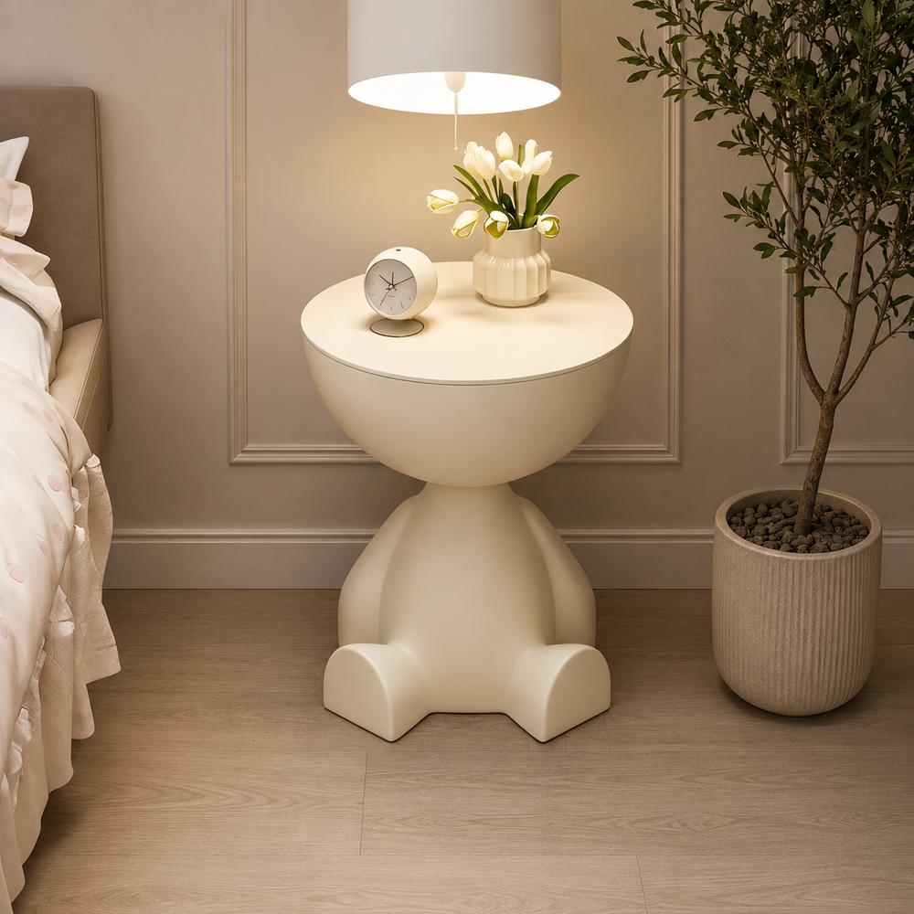 Modern teak wood bedside table with sculptural designer base