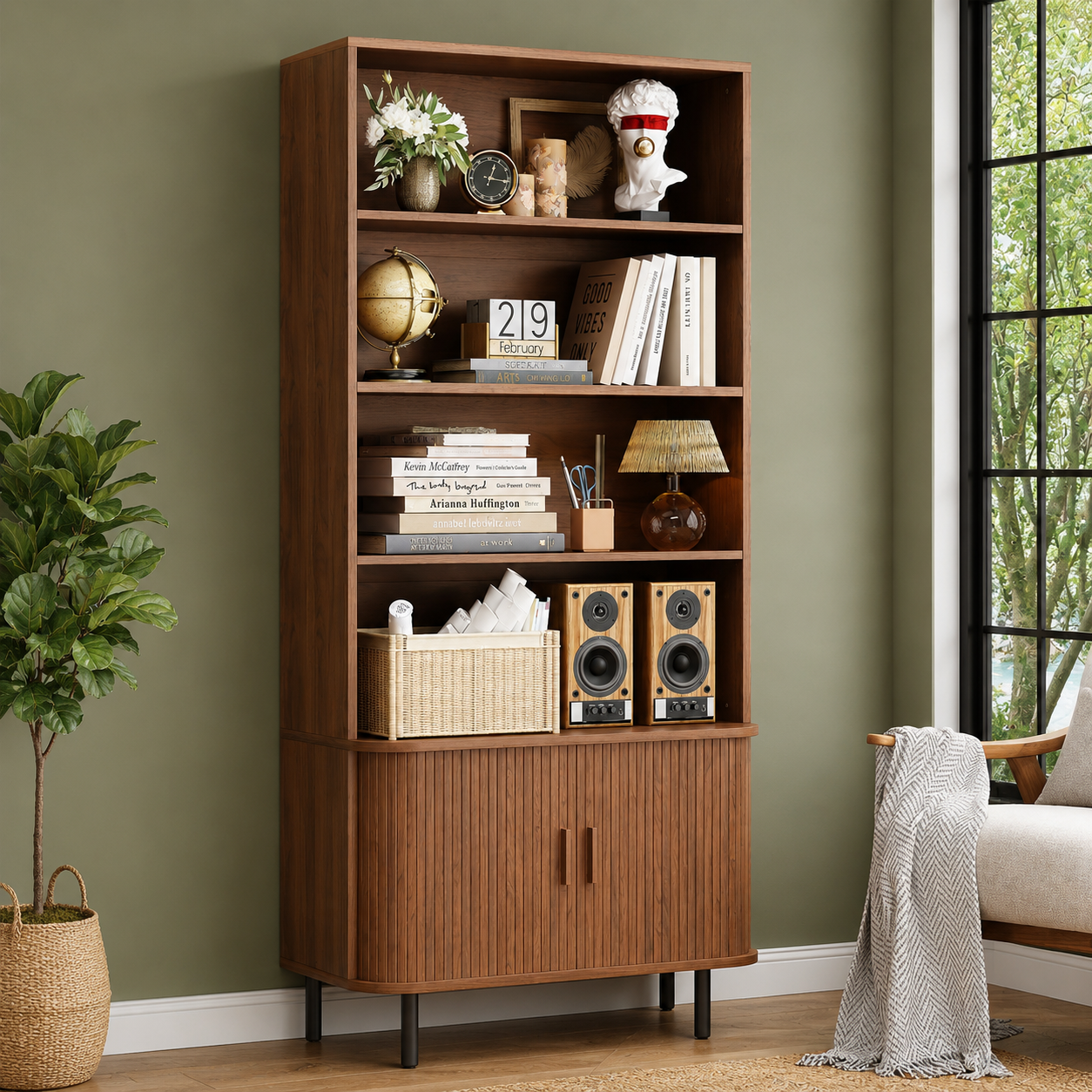 Teak wood bookcase cabinet with open shelves and fluted storage doors