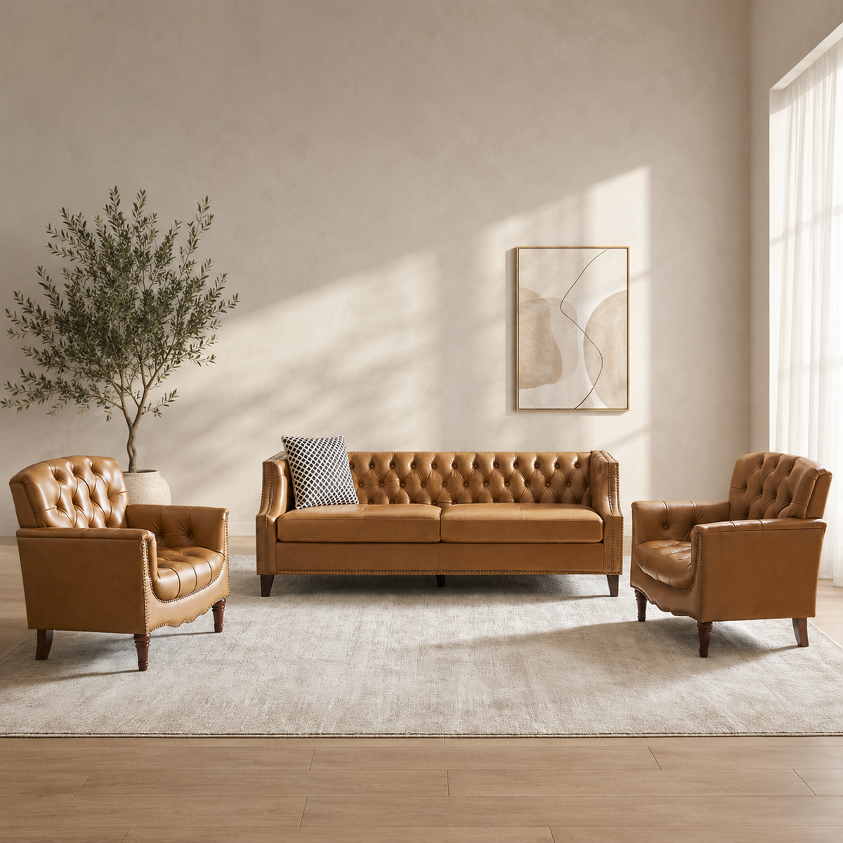 Sky Rise Decor solid teak wood Chesterfield sofa set with two armchairs in caramel brown
