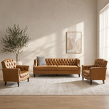 Sky Rise Decor solid teak wood Chesterfield sofa set with two armchairs in caramel brown