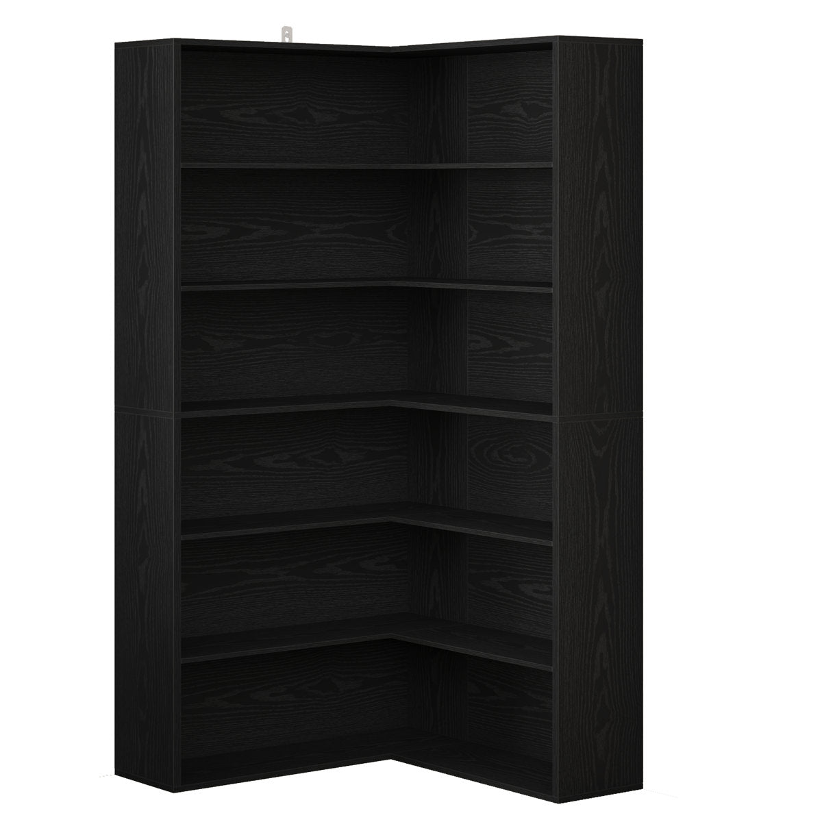 Freestanding teak wood corner storage unit with open shelves