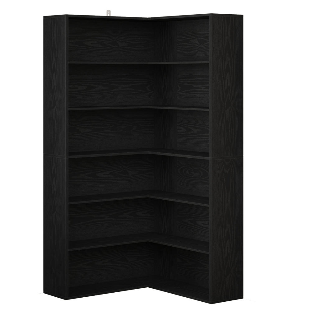 Freestanding teak wood corner storage unit with open shelves