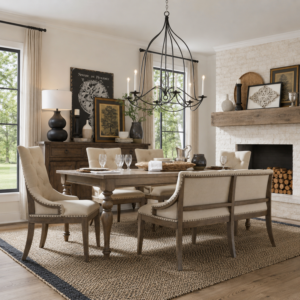 Solid teak wood dining table set with upholstered chairs by Sky Rise Decor