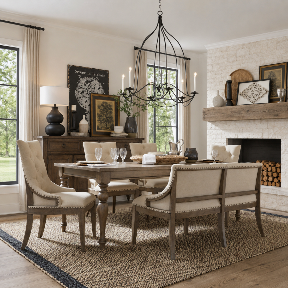 Solid teak wood dining table set with upholstered chairs by Sky Rise Decor