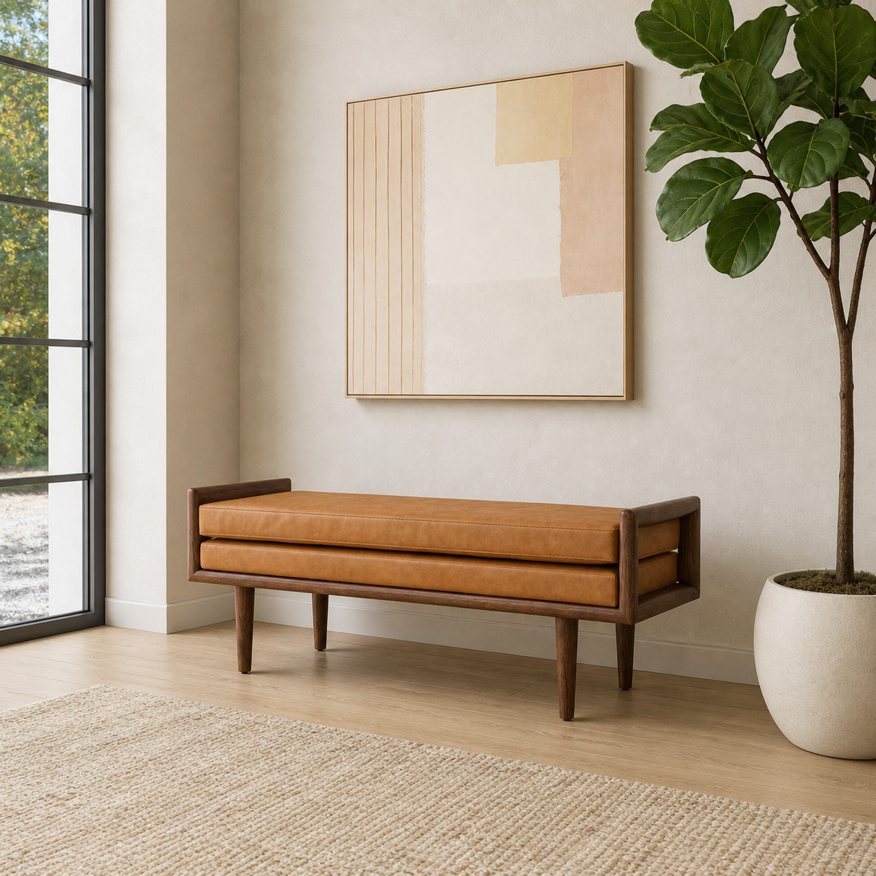 Teak wood upholstered entryway bench by Sky Rise Decor
