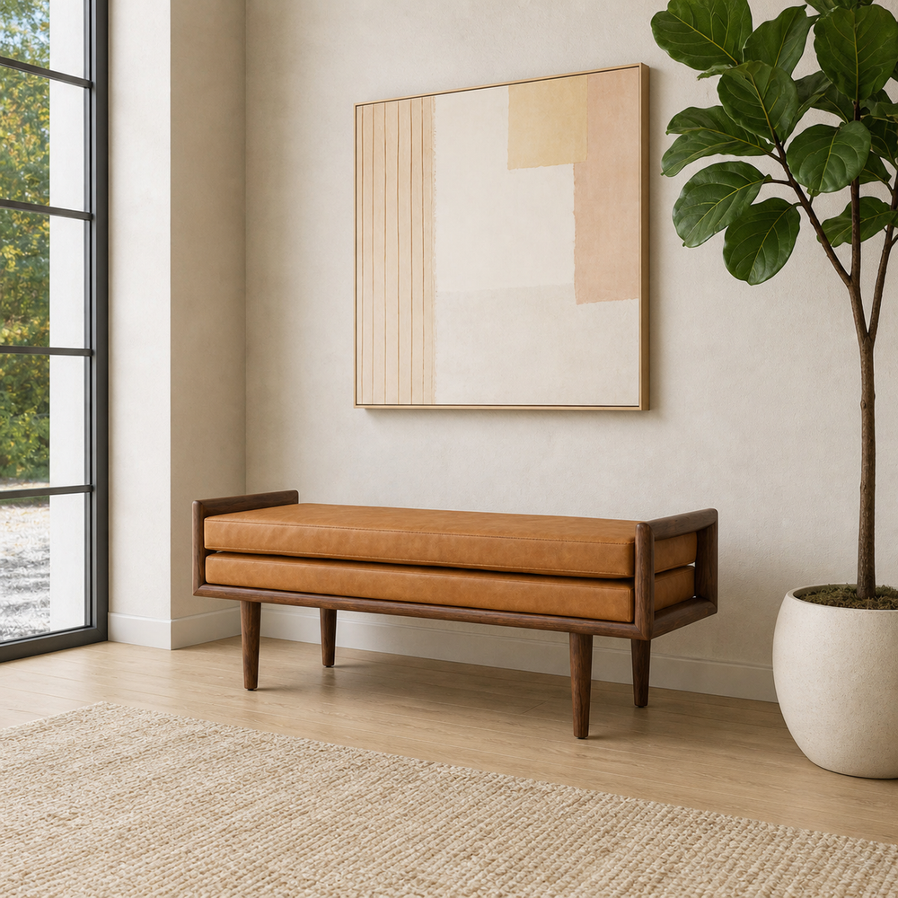 Teak wood upholstered entryway bench by Sky Rise Decor