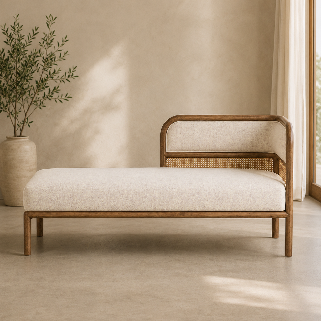 Solid teak wood lounge bench with cane detail