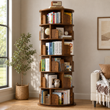 Solid teak wood rotating bookshelf with multi-tier storage shelves