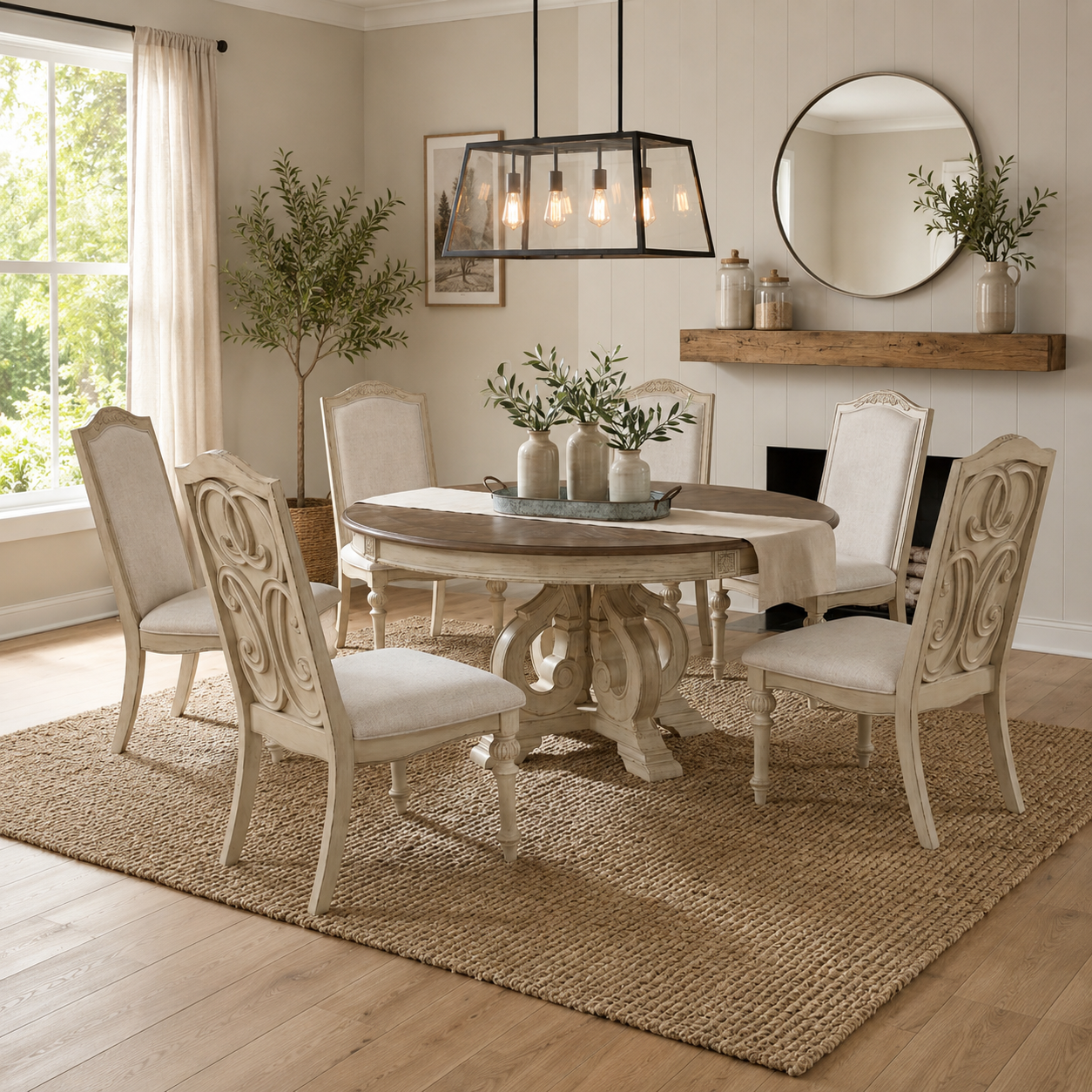 Solid teak wood round dining table set with upholstered chairs