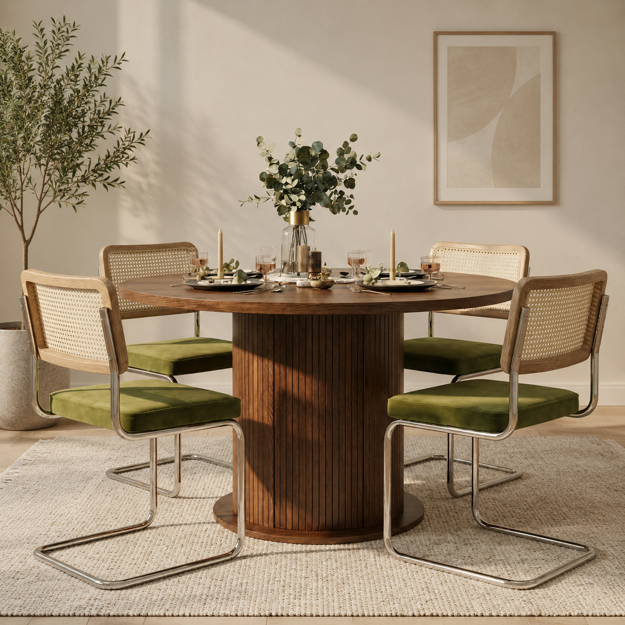 Modern teak wood round dining table set with 4 chairs