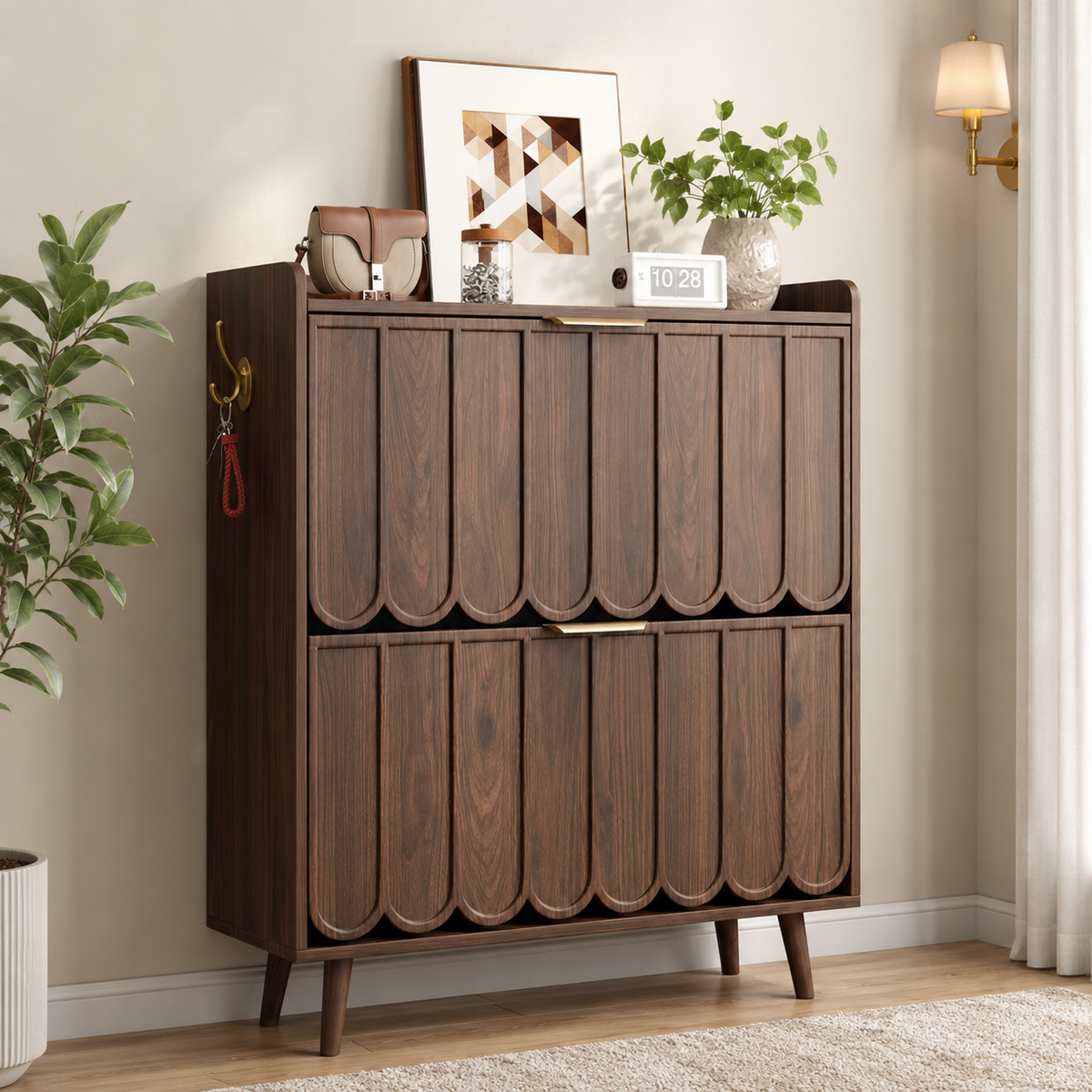 Solid teak wood shoe storage cabinet with fluted doors