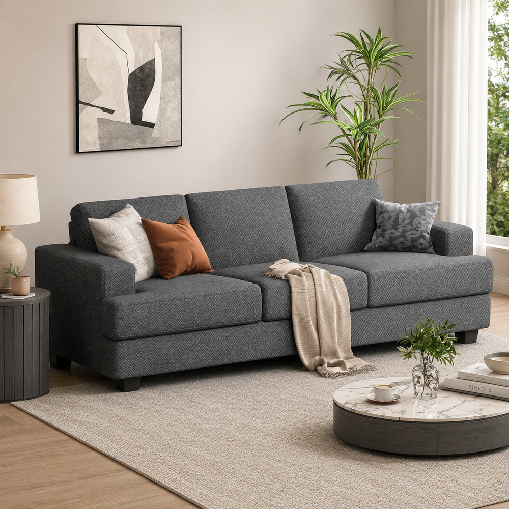 Premium teak wood 3 seater grey fabric sofa for living room