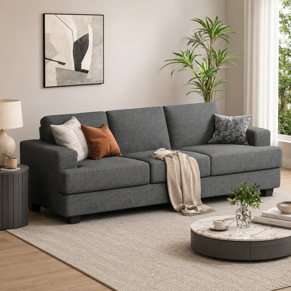 Premium teak wood 3 seater grey fabric sofa for living room