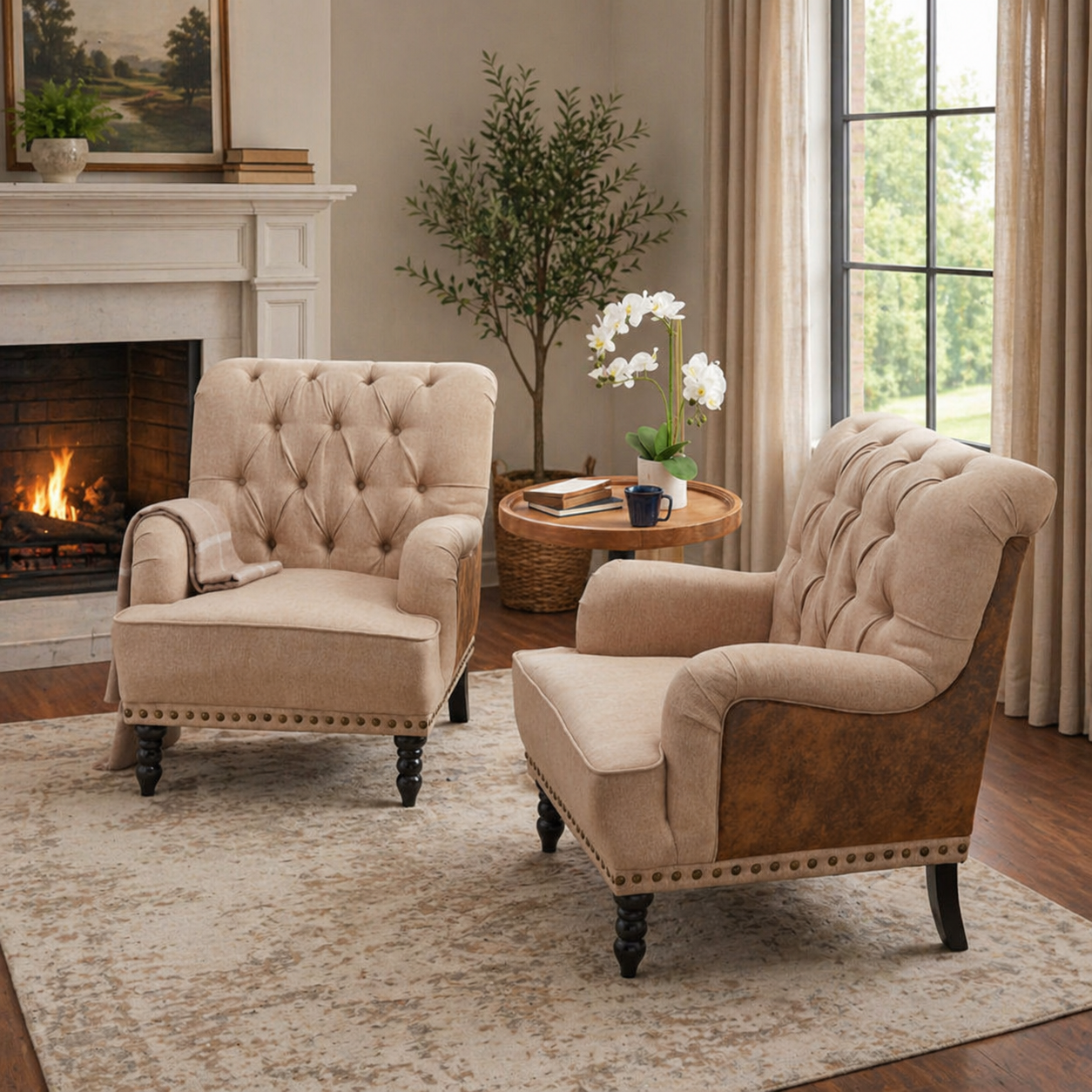 Teak wood tufted accent chair set by Sky Rise Decor in beige upholstery