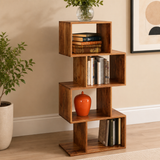 Modern teak wood zigzag bookshelf with open shelves