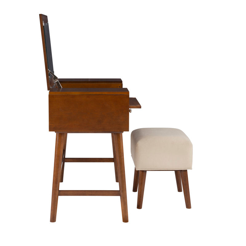Teak wood vanity desk with matching upholstered seat