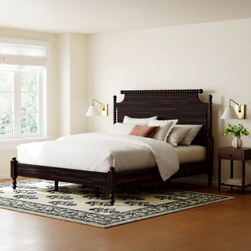 ​Sky Rise Decor dark wood queen size turned post bed with white bedding