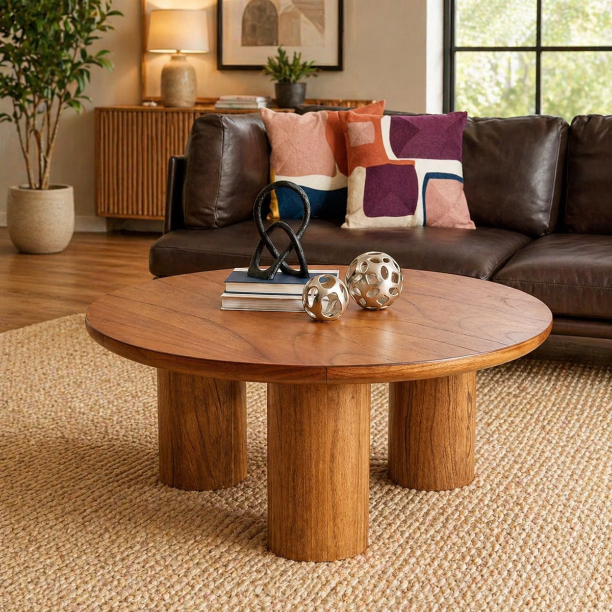 Round wooden coffee table with cylindrical legs in modern living room