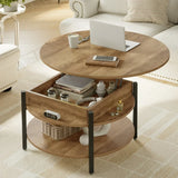 Round lift-top coffee table with hidden storage and shelf