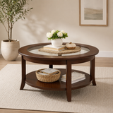 Round solid teak wood coffee table with tempered glass top